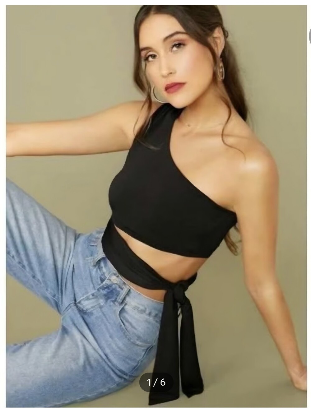 SHEIN Black One-Shoulder Crop Top with Waist Tie XS